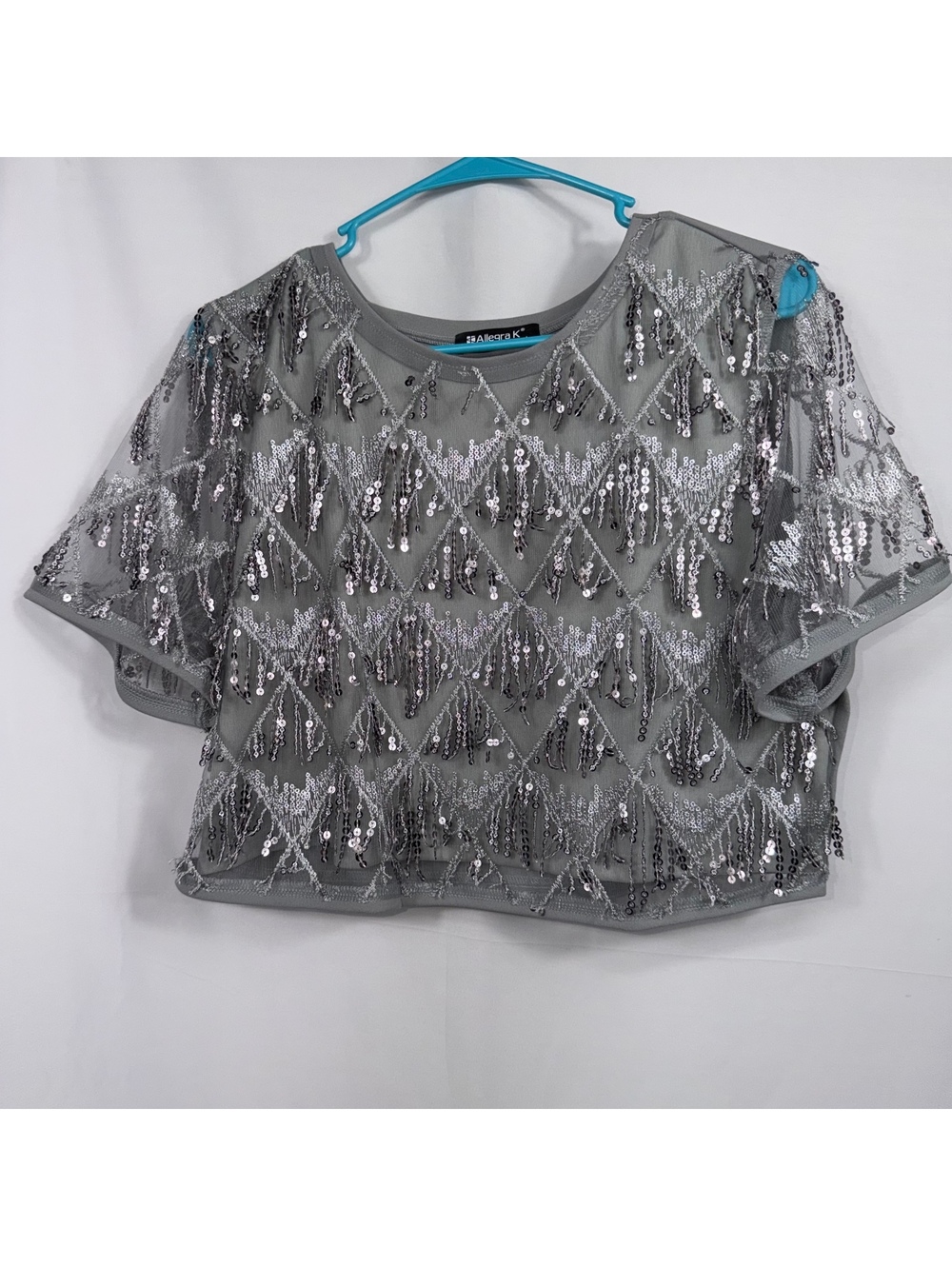 Allegra K Large Gray Sequin Mesh Crop Top